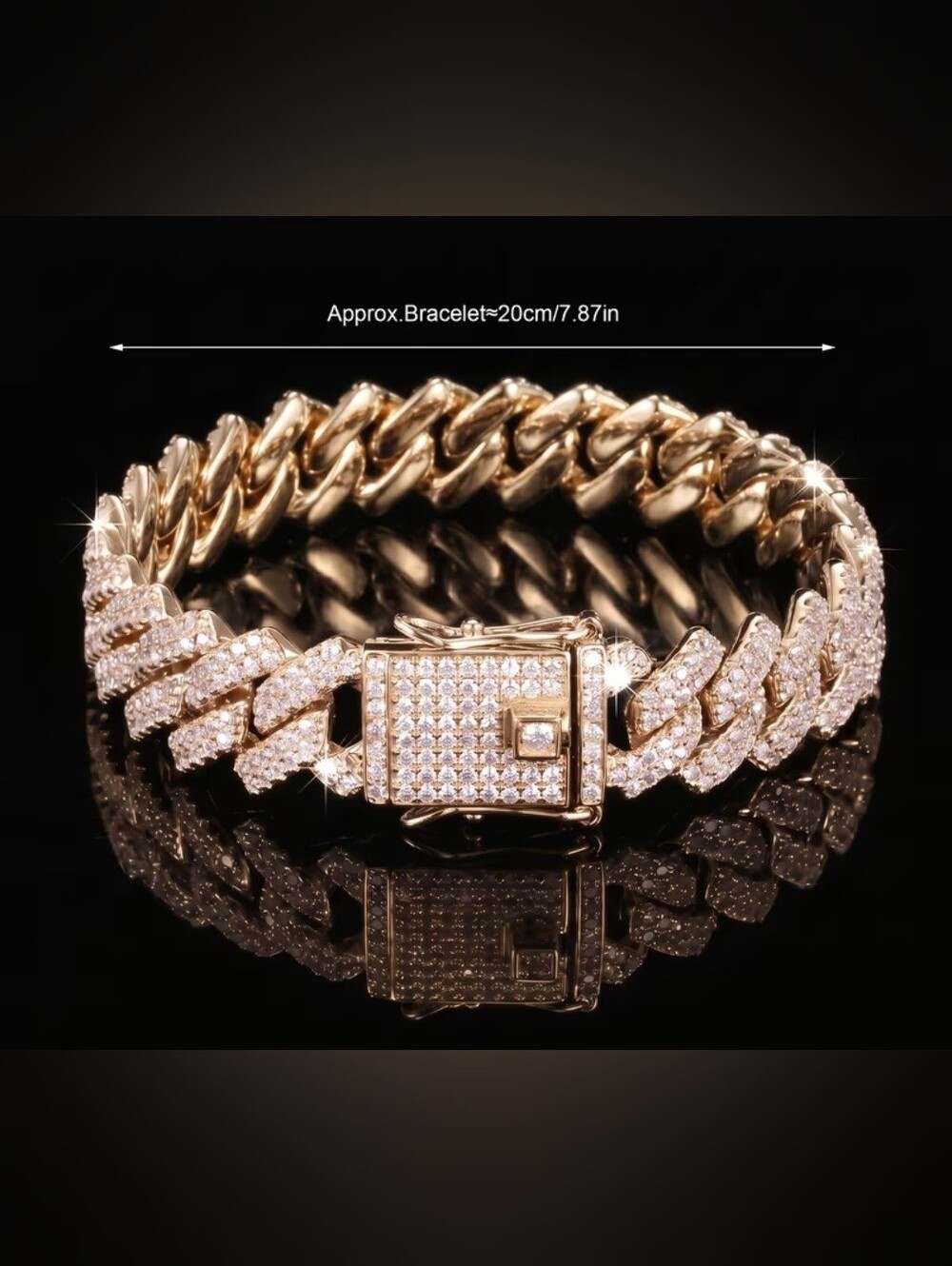 NWT Elegant Gold Crystal Cuban Link Tennis Bracelet Secure Locking Clasp 7.8"